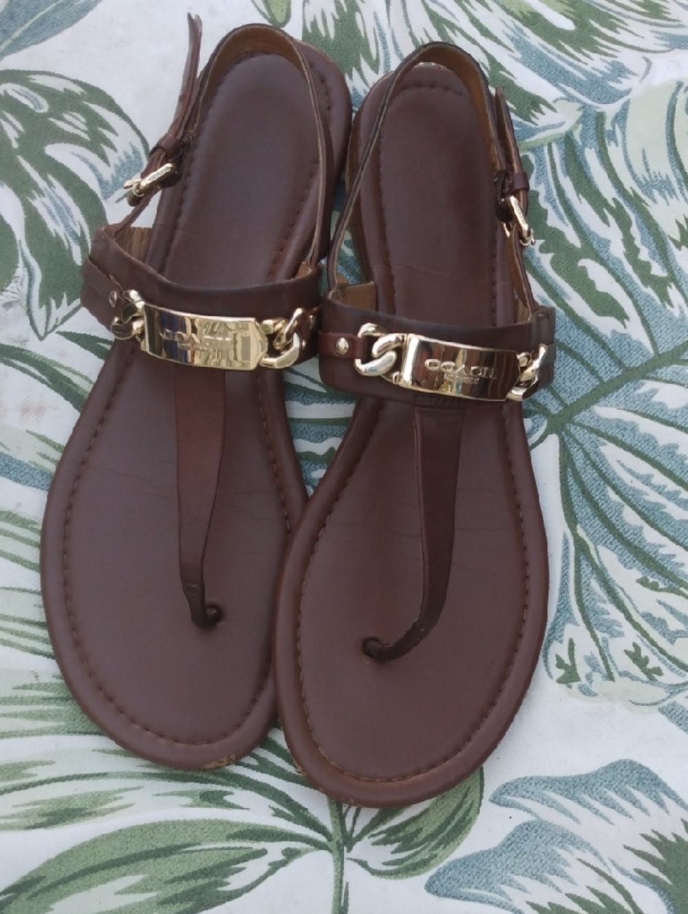 Coach Brown Leather Catherine T-Strap Sandals with Gold Accents
